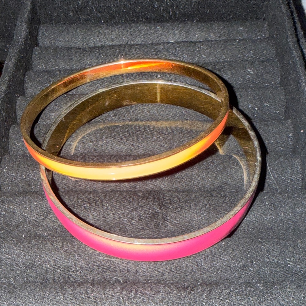 J. Crew Gold Tone Bangle Set with Pink and Orange Enamel Accents